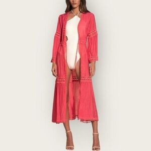NWT Elan Pink Boho Kimono Kaftan Robe Bell Sleeves Tie Waist Size M Resortcore